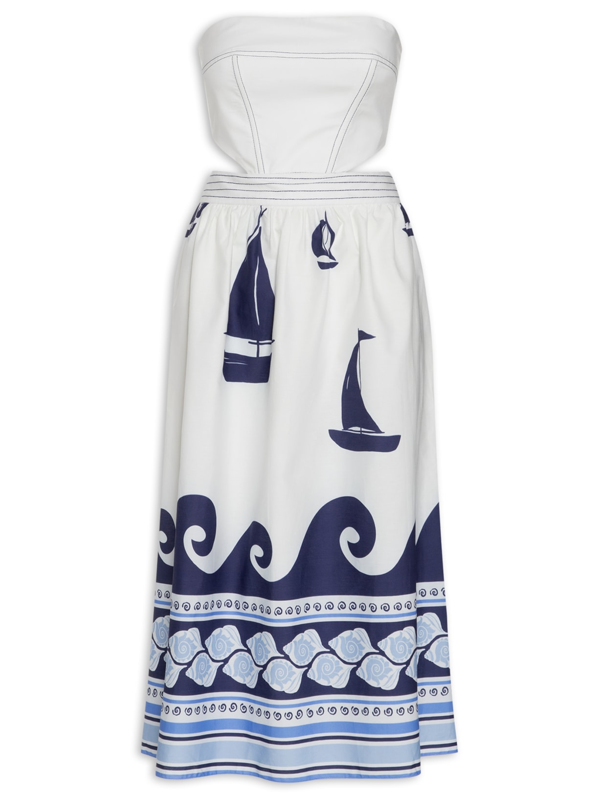 Vestido Midi Pespontos Estampa Maresia - Branco