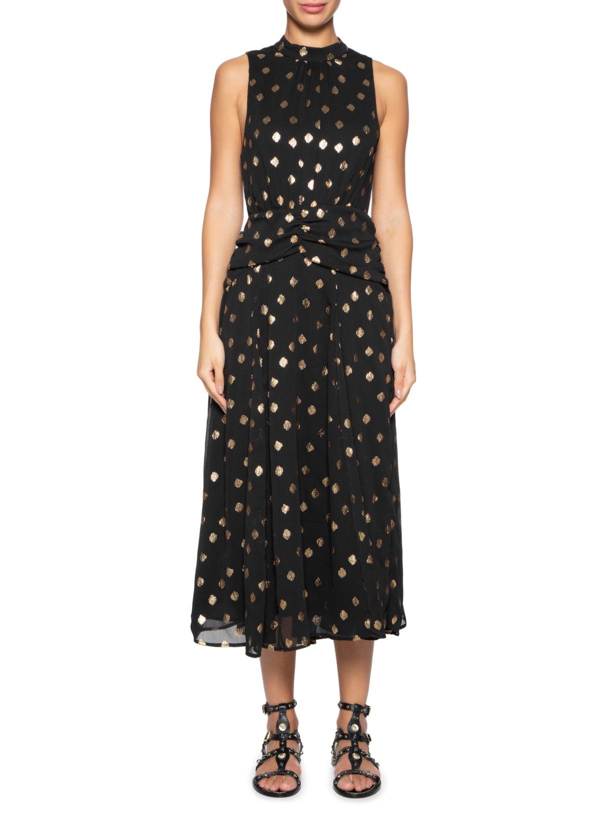 Vestido Midi Poá Foil Preto Maria Filó