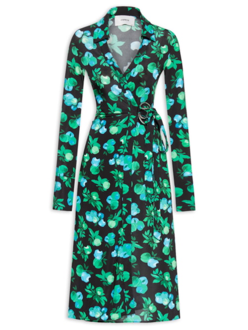 Vestido Midi Print Wrap Blouse Dress - Preto