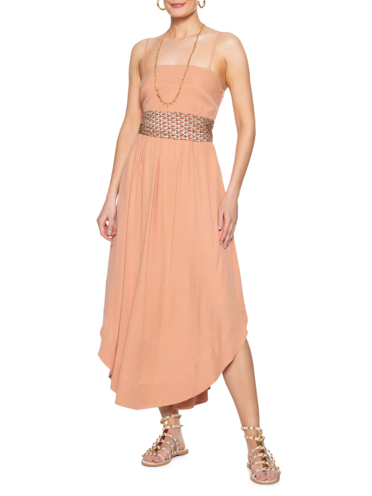 Vestido Midi Recorte Busto Bege Maria Filó