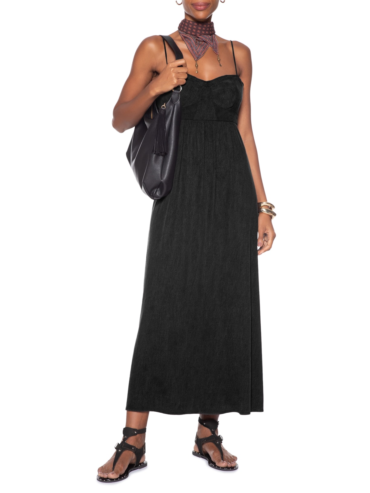 Vestido Midi Recortes Busto Preto Maria Filó