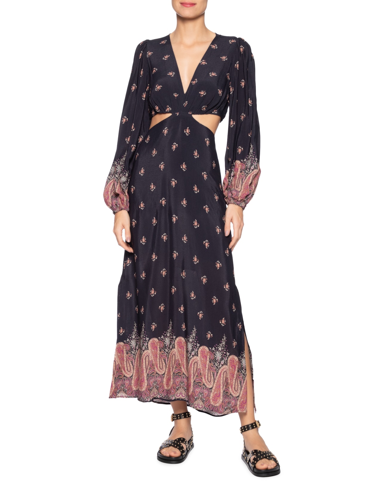 Vestido Midi Recortes Estampa Mian Preto Maria Filó