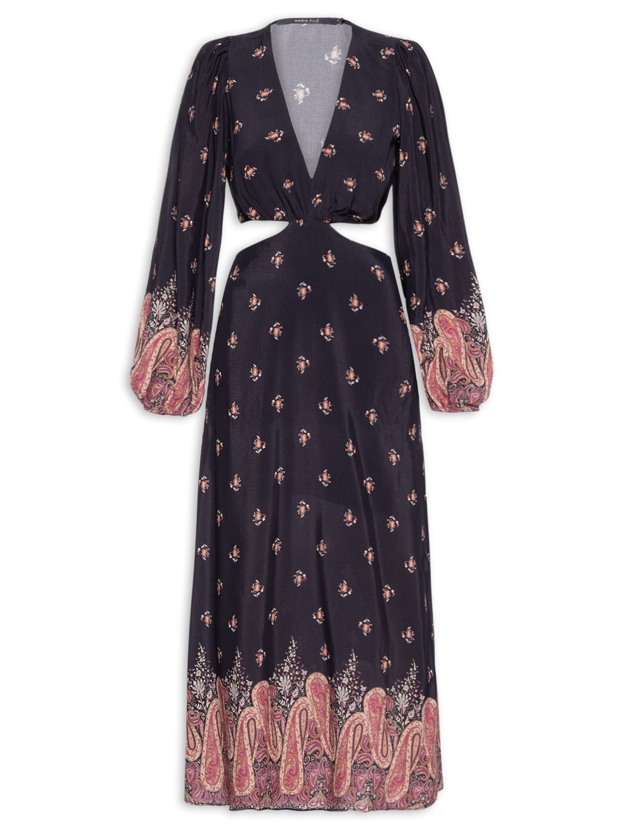 Vestido Midi Recortes Estampa Mian Preto Maria Filó