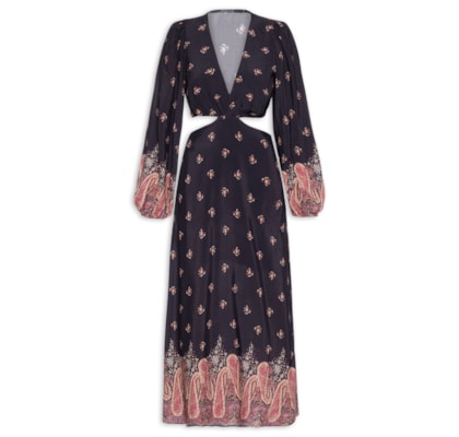 Vestido Midi Recortes Estampa Mian - Preto
