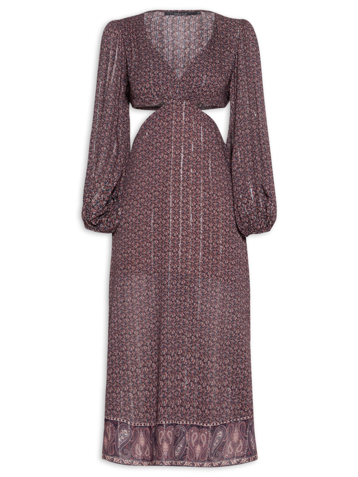 Vestido Midi Recortes Estampa Trevo Marrom Maria Filó