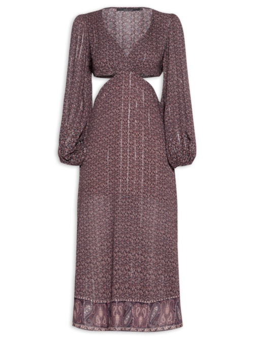 Vestido Midi Recortes Estampa Trevo - Marrom