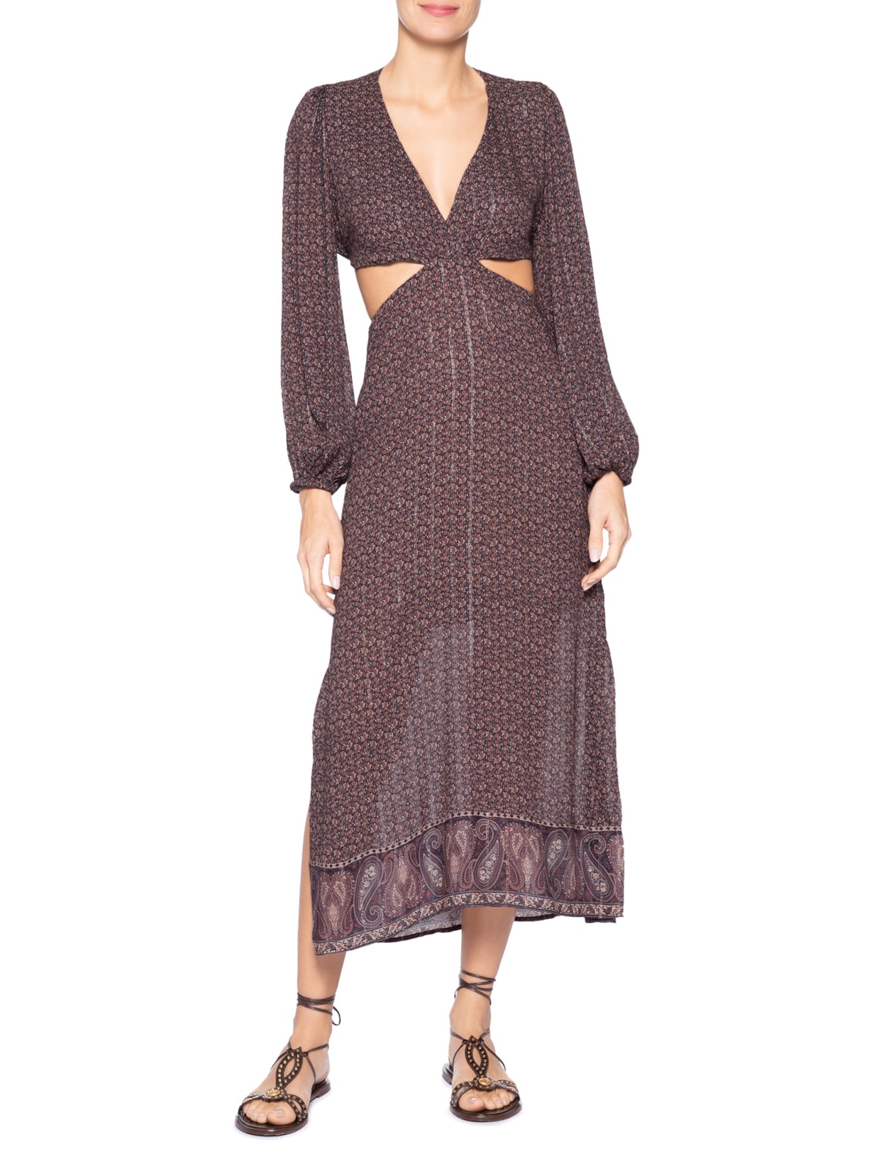 Vestido Midi Recortes Estampa Trevo Marrom Maria Filó
