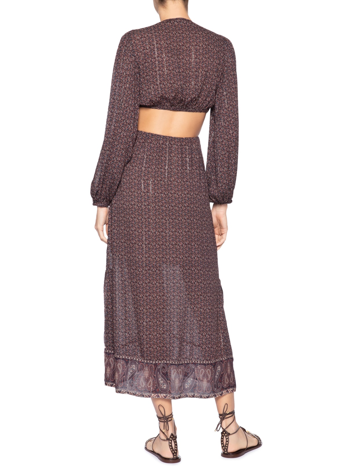 Vestido Midi Recortes Estampa Trevo Marrom Maria Filó