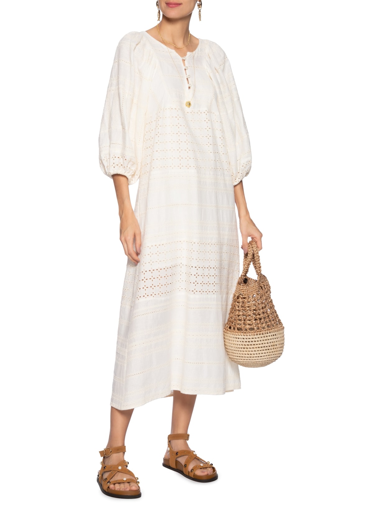 Vestido Midi Recortes Mix Laise Off White Maria Filó
