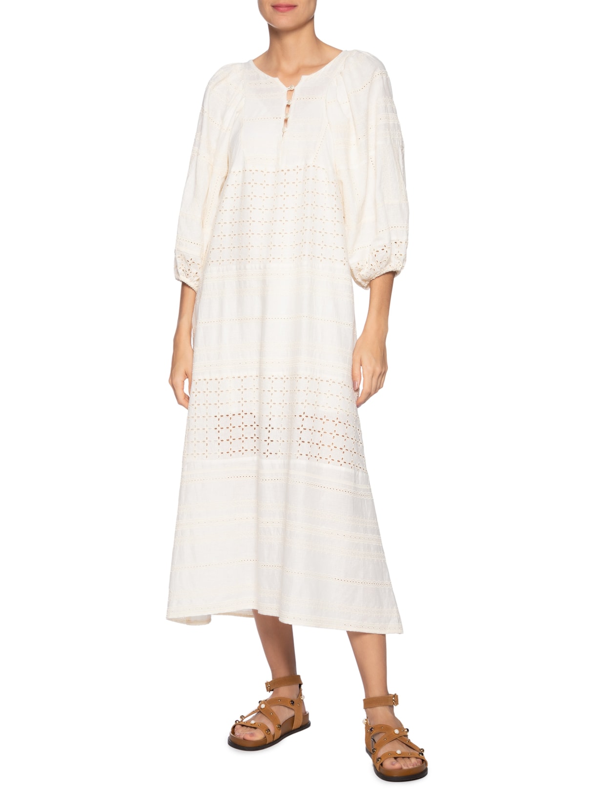 Vestido Midi Recortes Mix Laise Off White Maria Filó