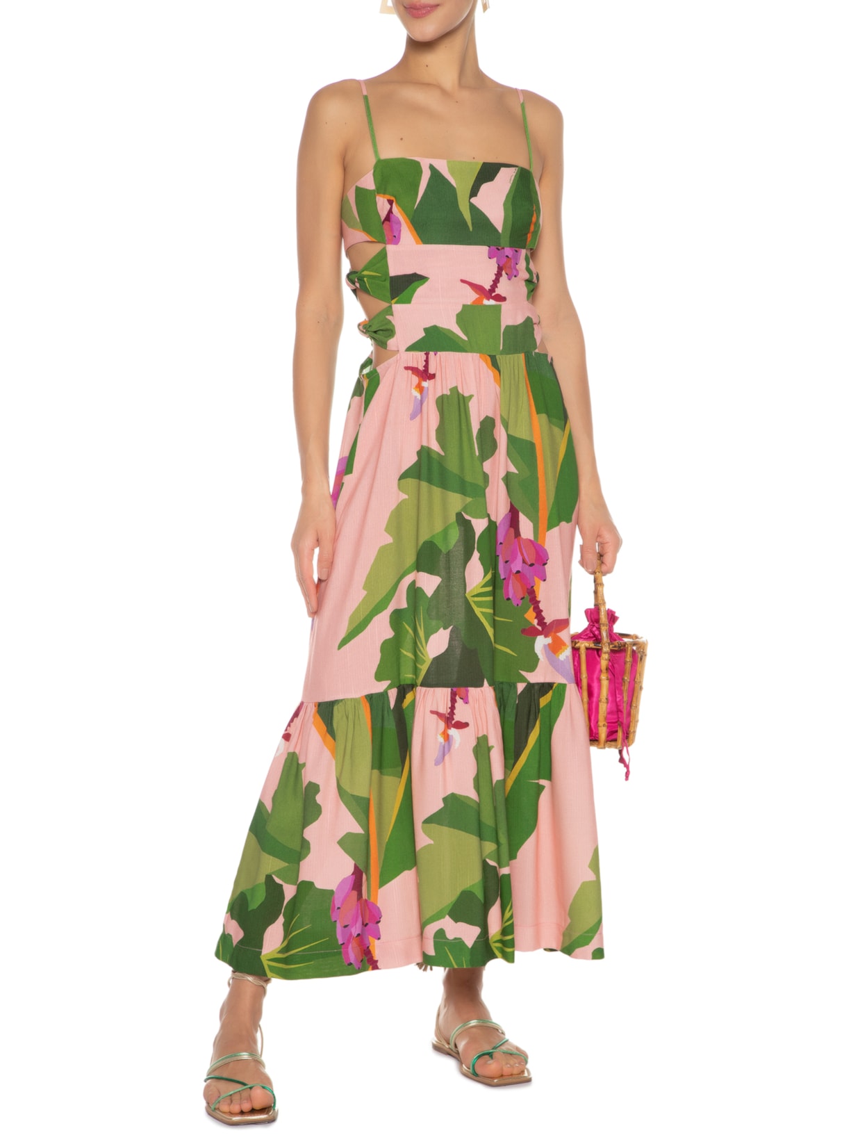 Vestido Midi Recortes Tropicalist Rosa Farm
