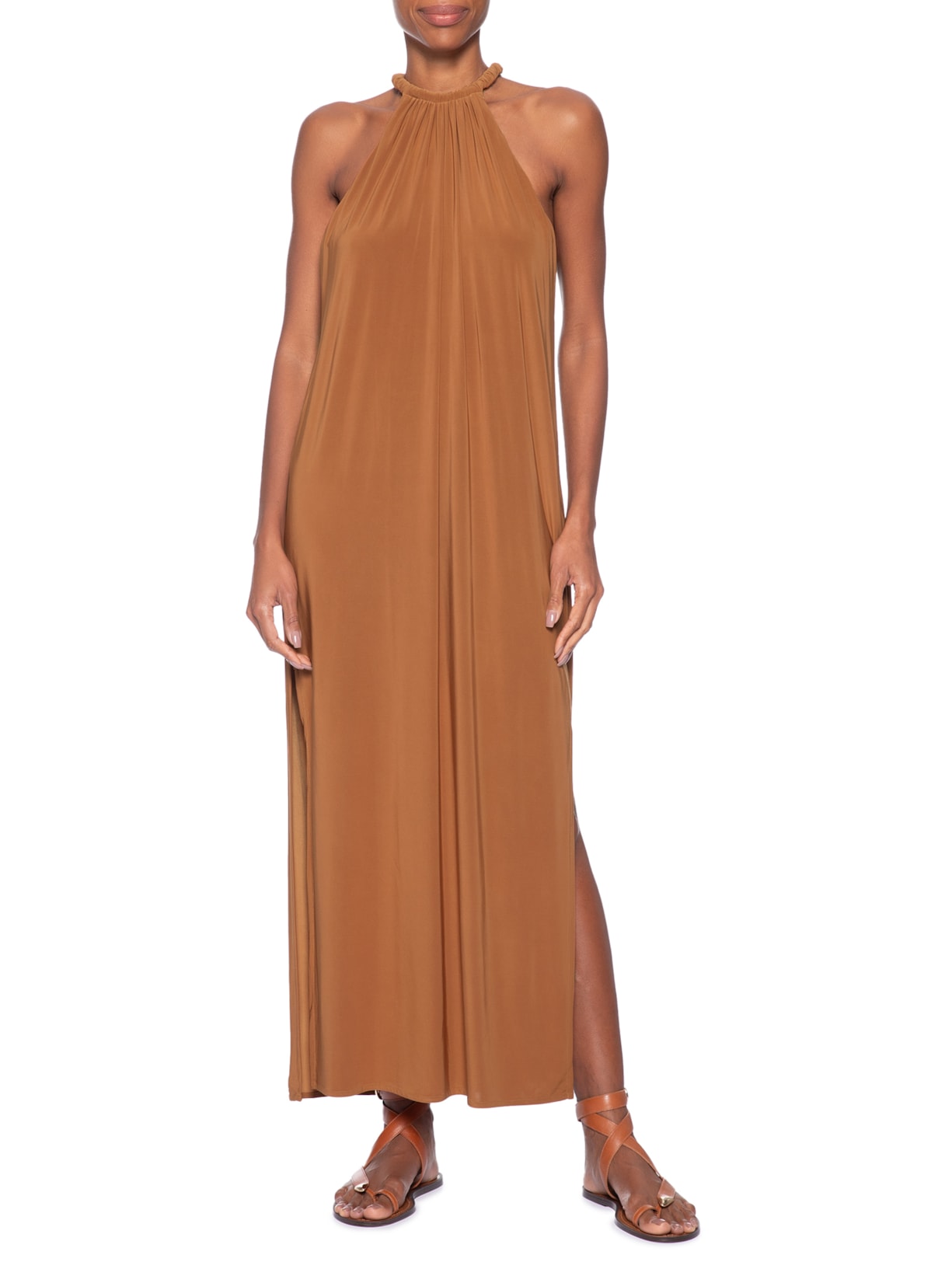 Vestido Midi Reto Jersey Marrom Animale