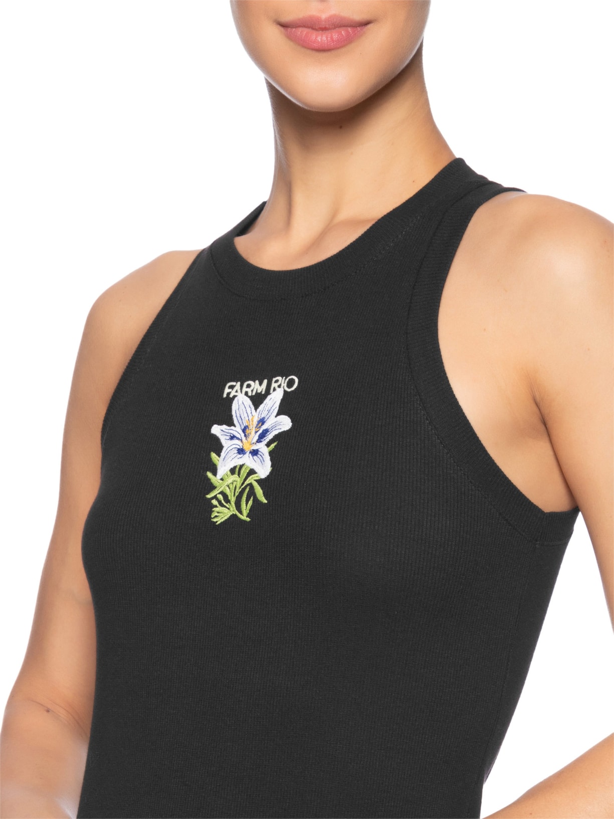 Vestido Midi Rib Maxi Flor Preto Farm