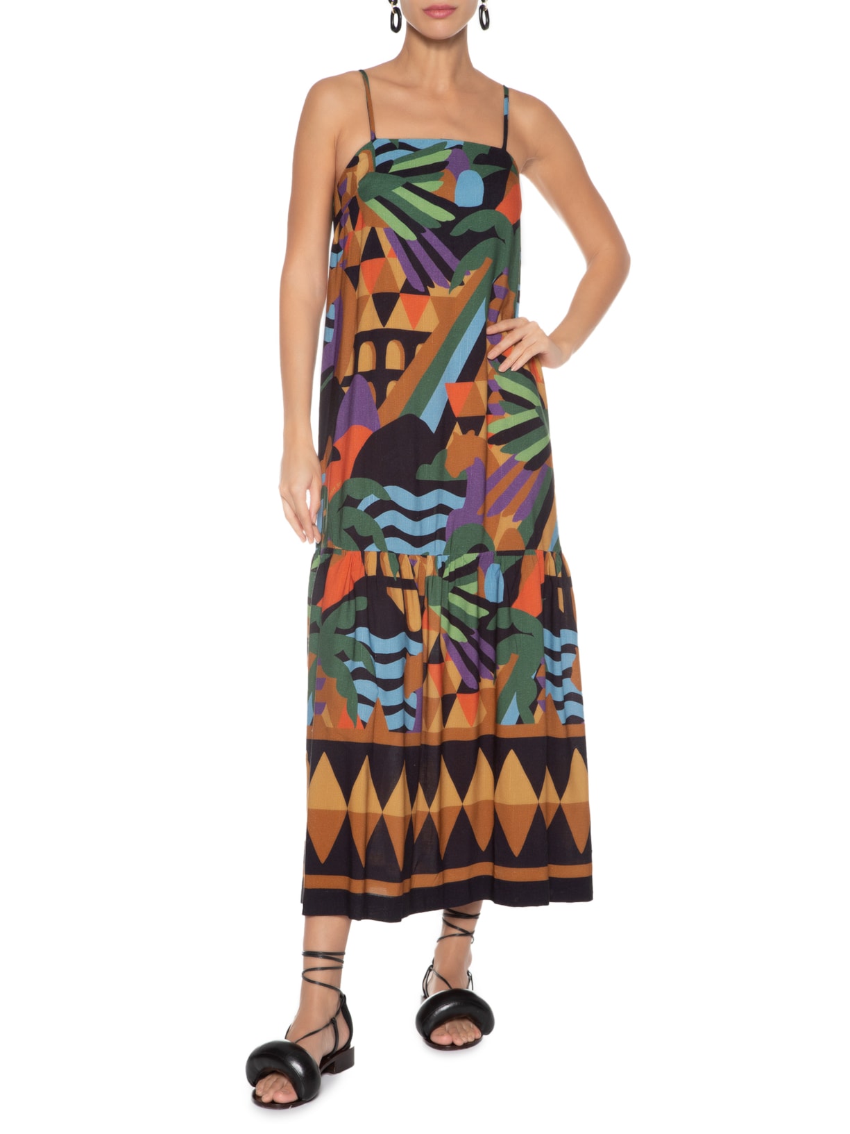 Vestido Midi Rio Gráfico Preto Farm