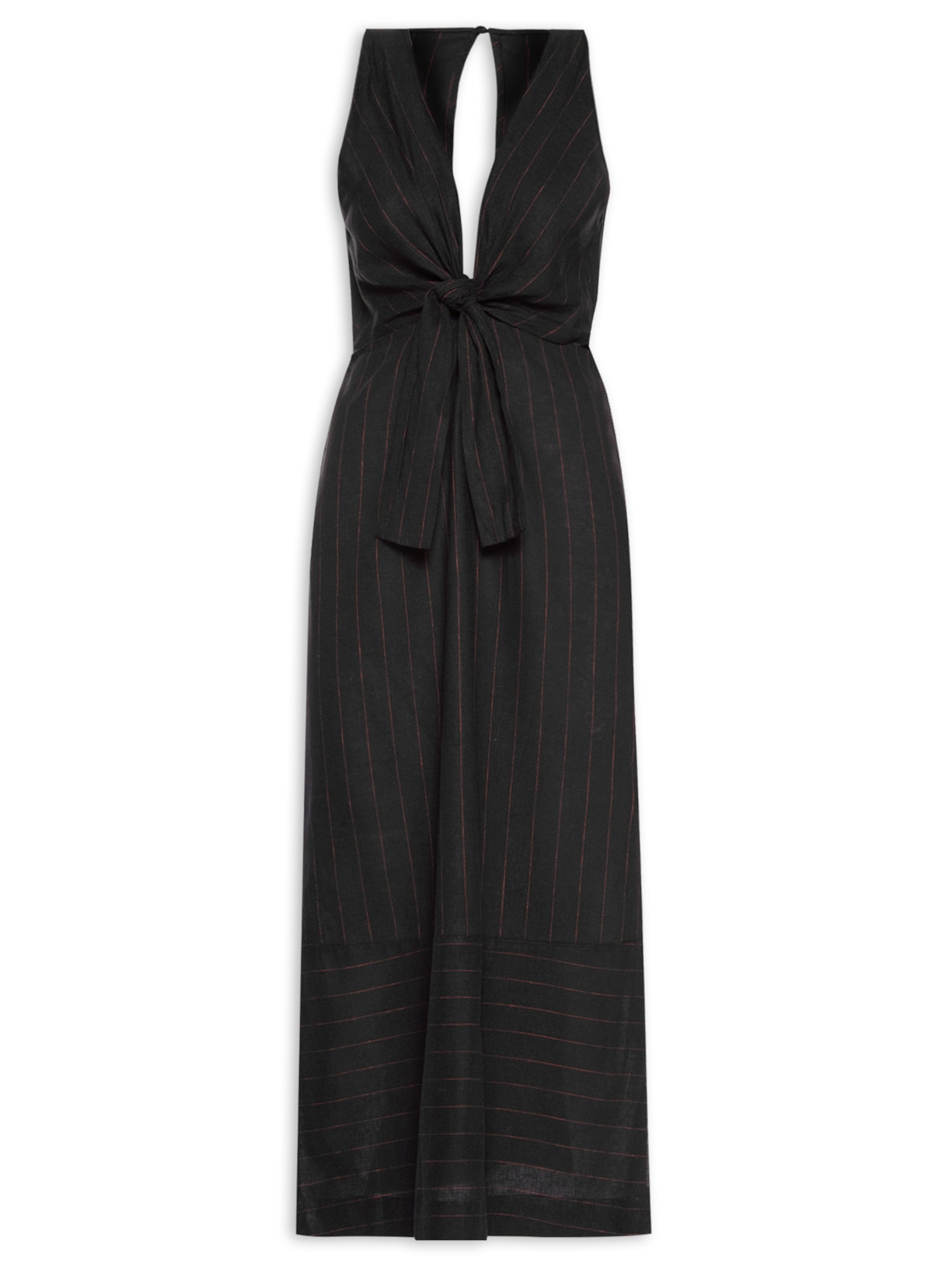 Vestido Midi Risca De Giz Nó Busto - Preto
