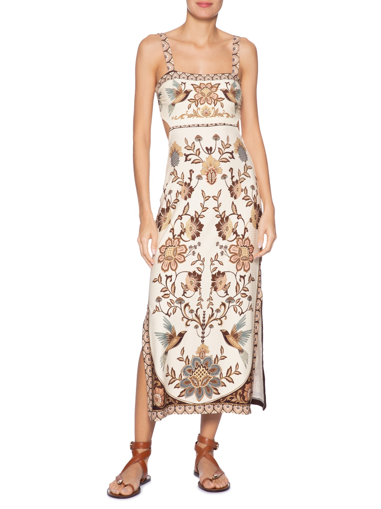 Vestido Midi Romance De Pássaro Bege Farm