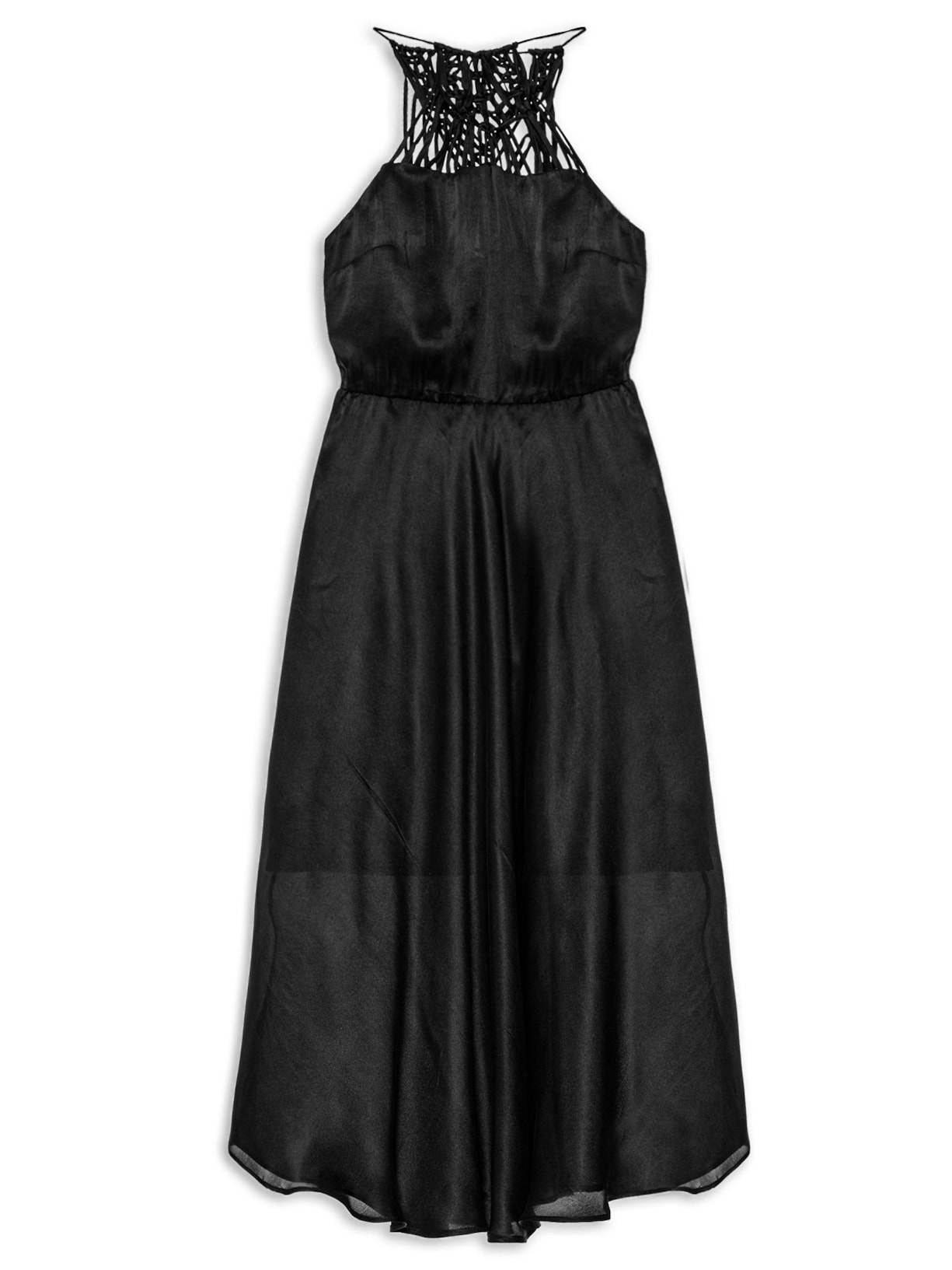 Vestido Midi Seda Pura Macramê Handmade - Preto
