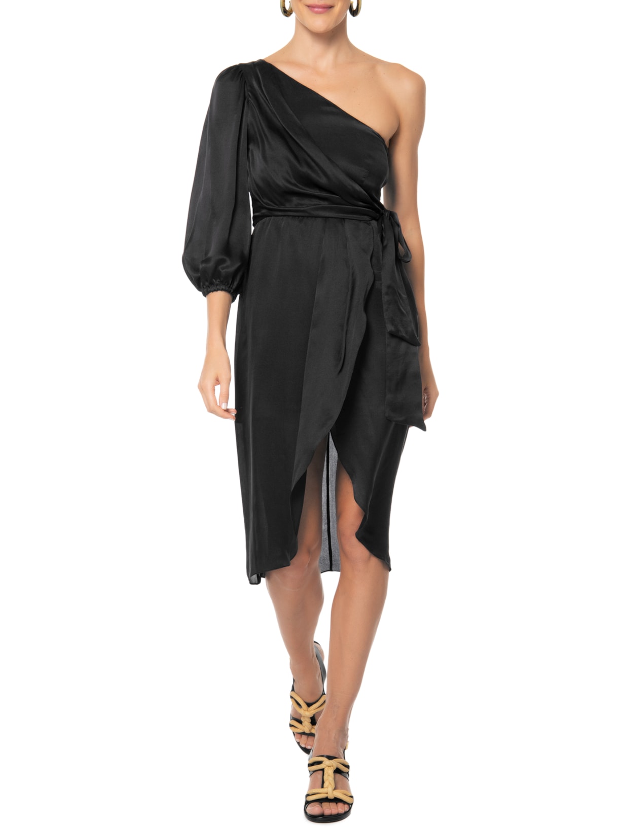 Vestido Midi Seda Pura Ombro Só Amarração '2essential Preto