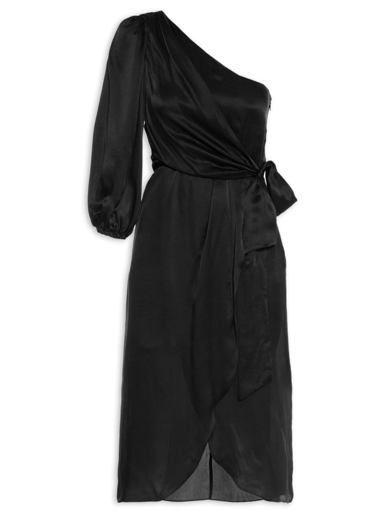 Vestido Midi Seda Pura Ombro Só Amarração - Preto