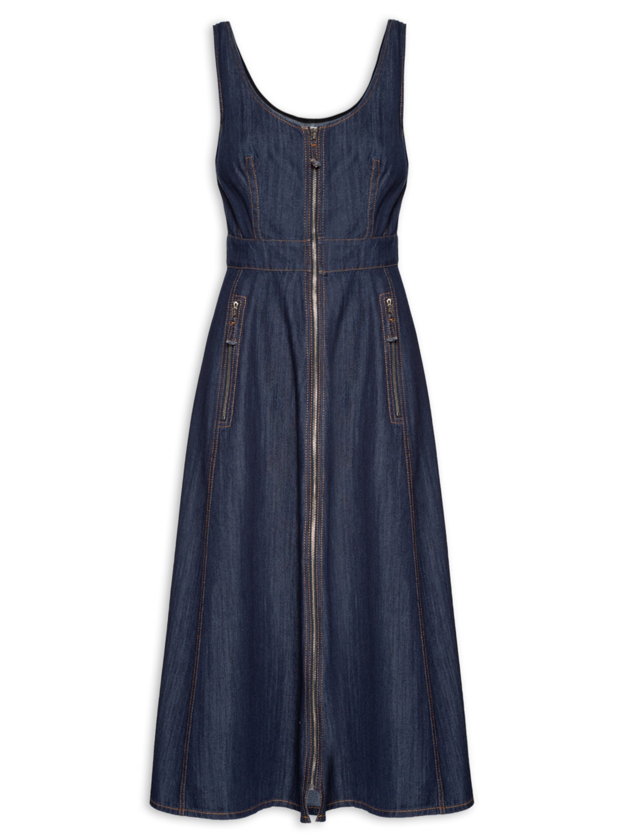 Vestido Midi Sem Manga Com Zíper - Azul