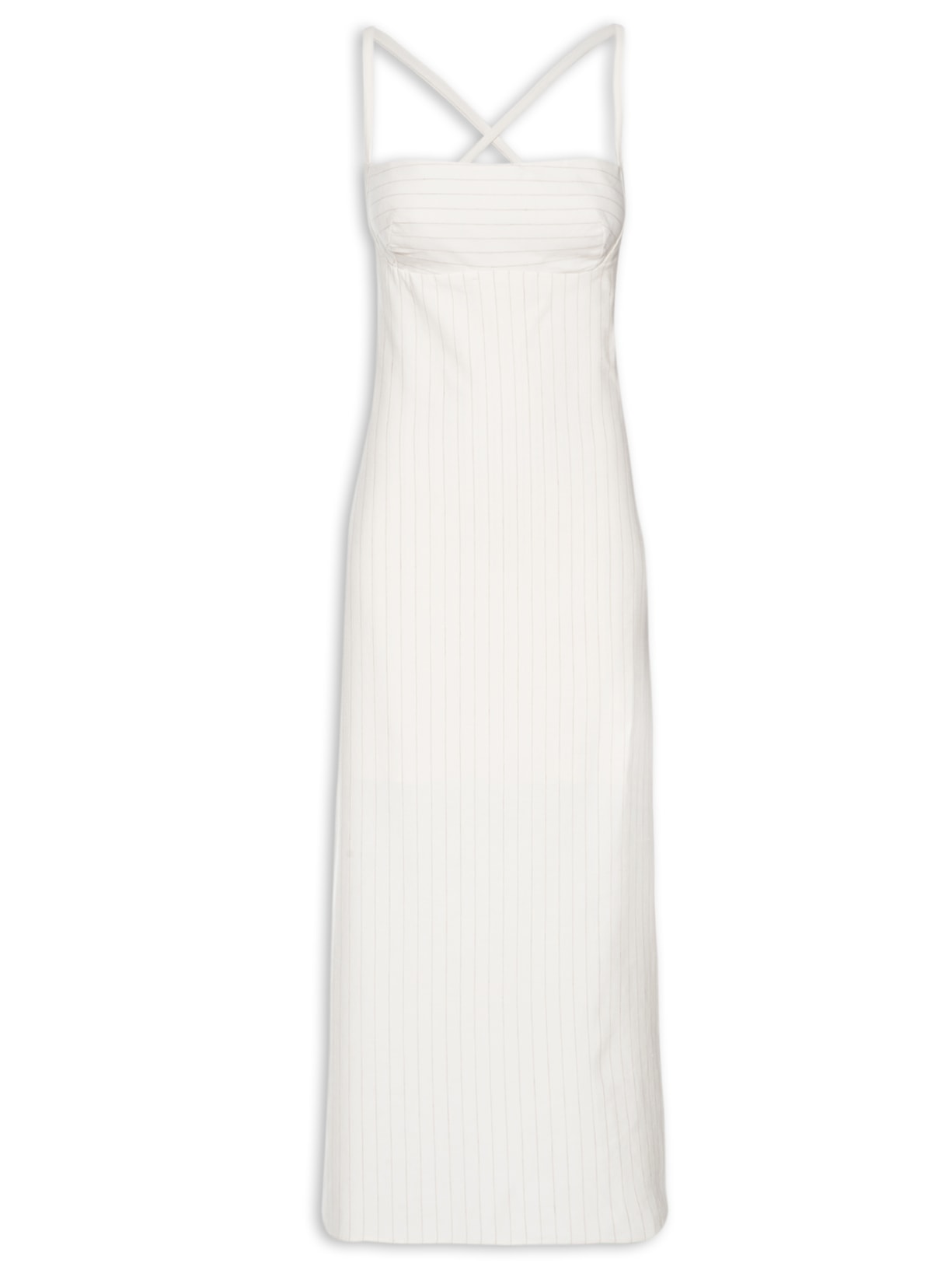 Vestido Midi Stripes Linho Decote Quadrado - Off White
