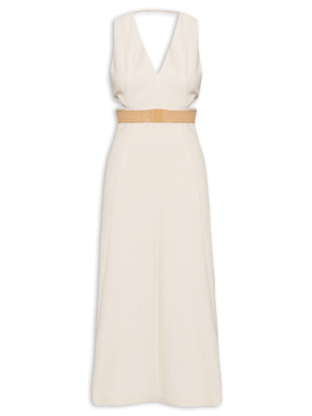 Vestido Midi Textura Chevron - Bege