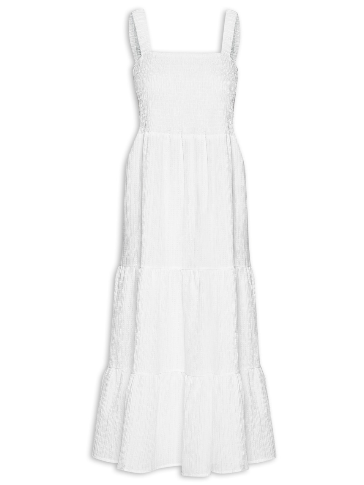 Vestido Midi Texturizado Decote Reto - Off White