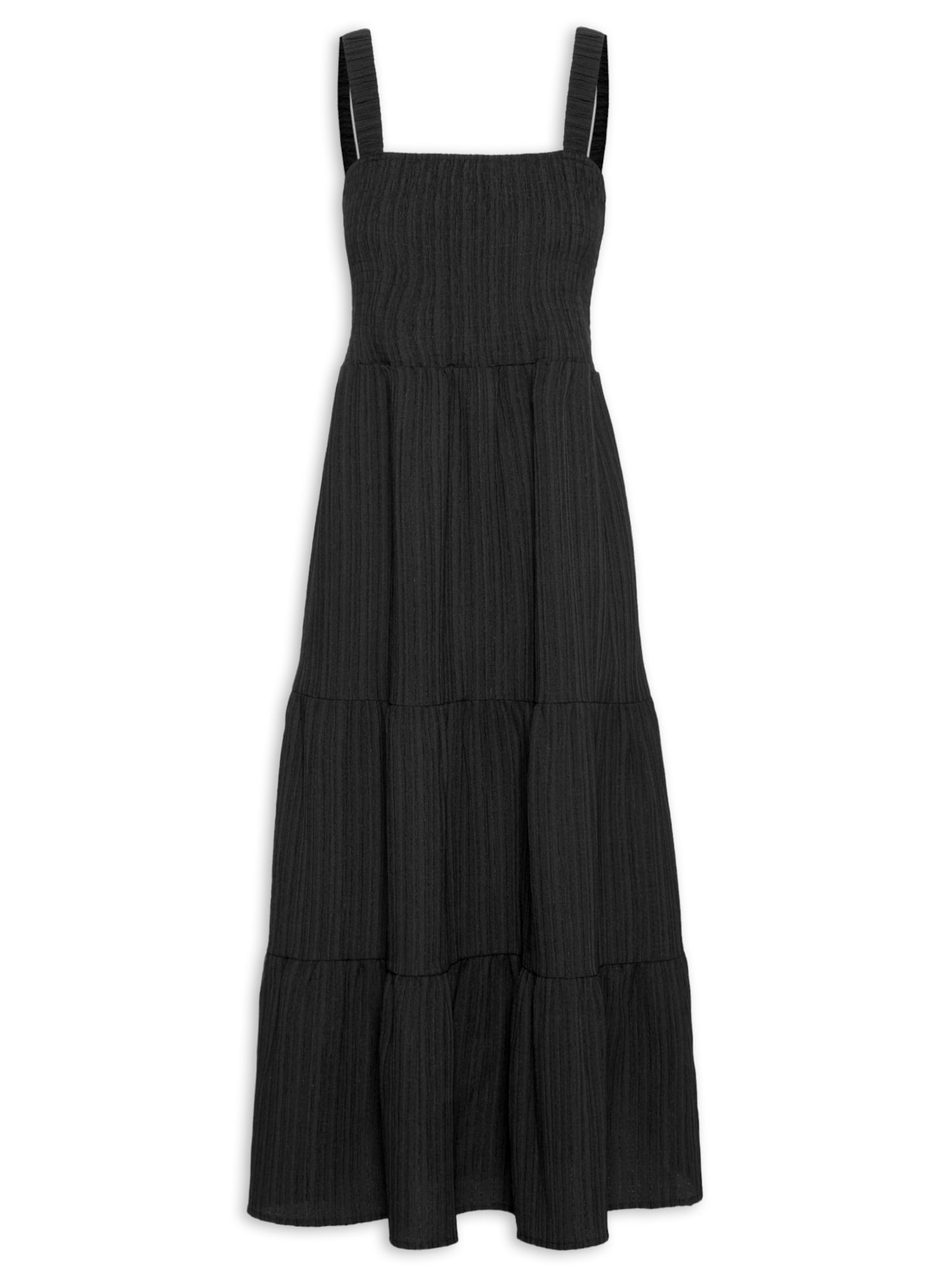 Vestido Midi Texturizado Decote Reto - Preto