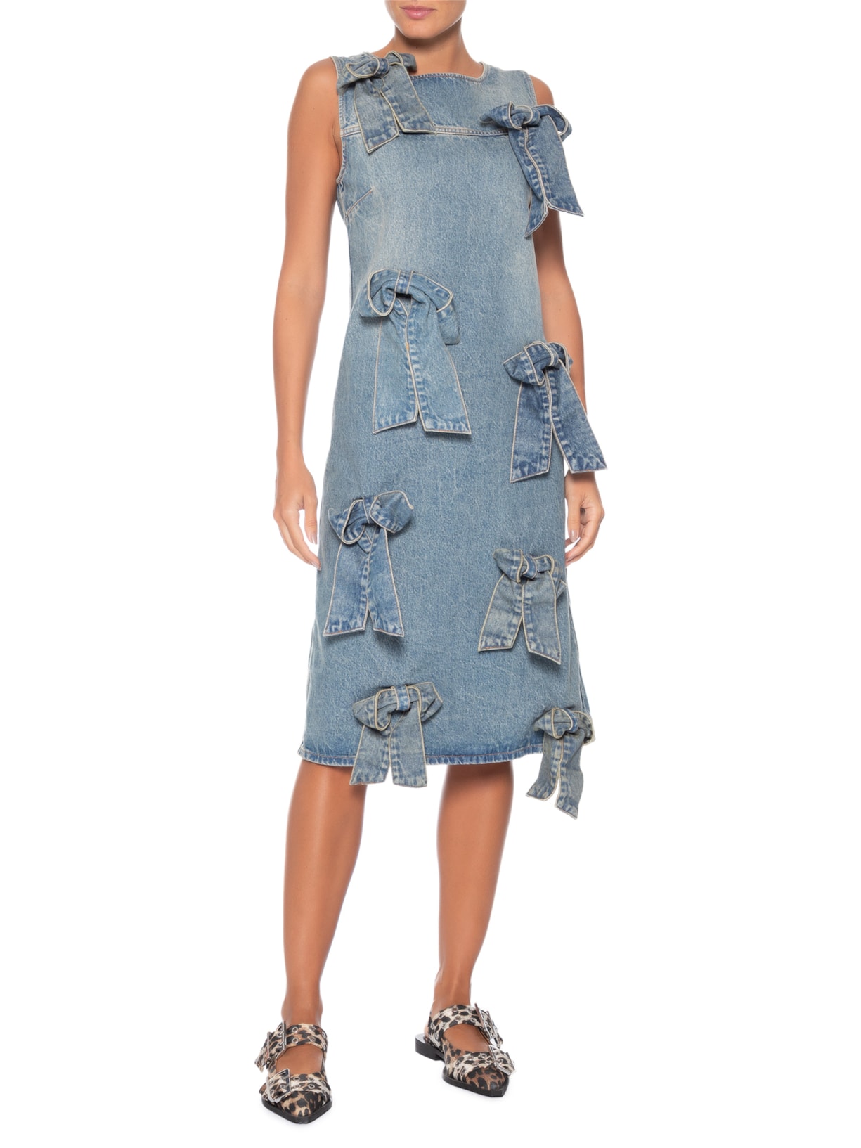 Vestido Midi Tint Rigid Denim Bow Azul Ganni