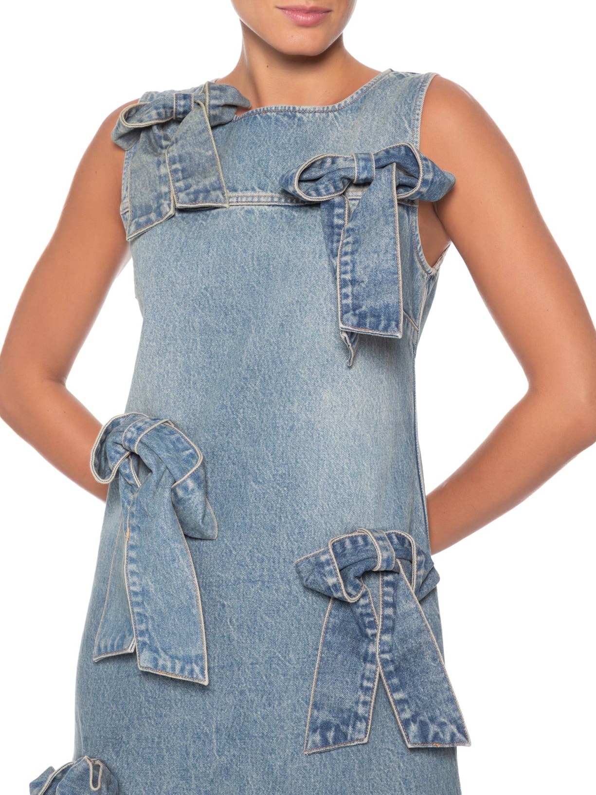Vestido Midi Tint Rigid Denim Bow Azul Ganni