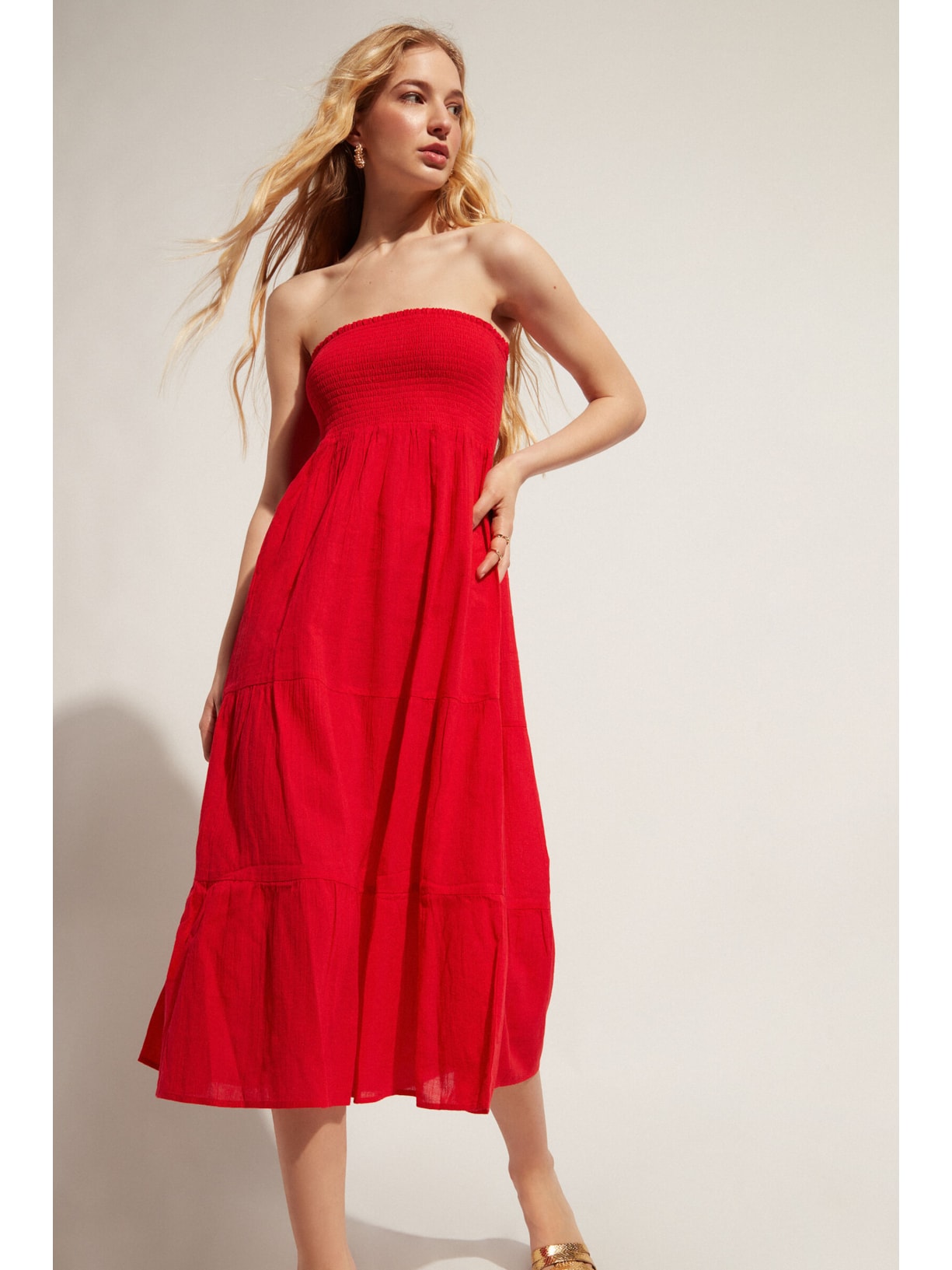 Vestido Midi Tomara-Que-Caia Em Algodão Vermelho Calzedonia