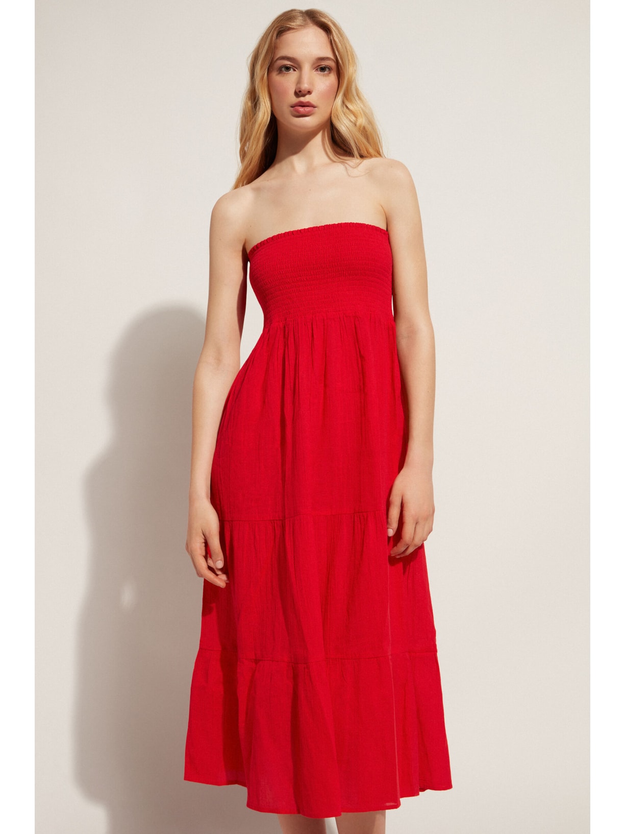 Vestido Midi Tomara-Que-Caia Em Algodão Vermelho Calzedonia