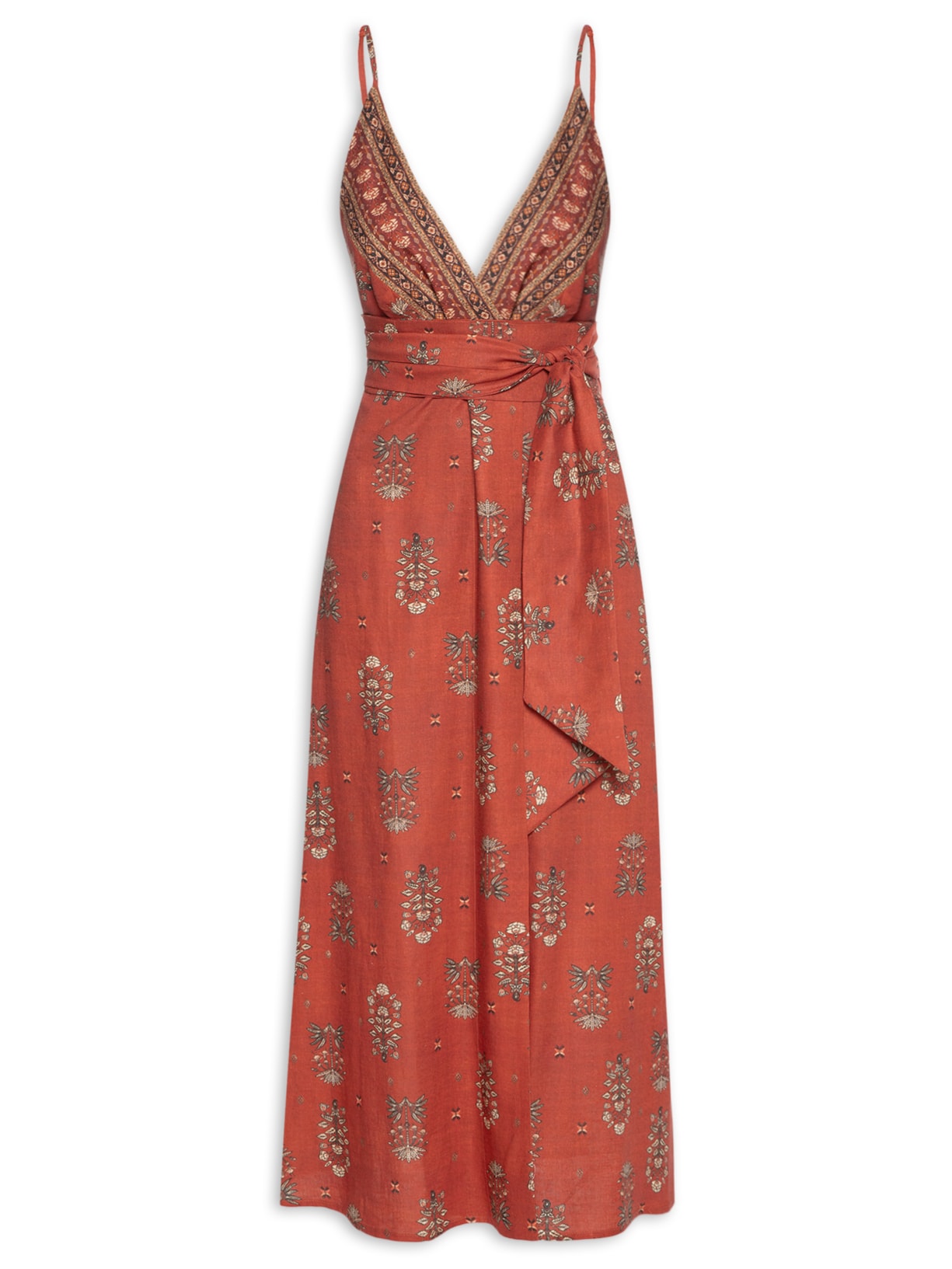 Vestido Midi Transpasse Estampa Botteh - Vermelho