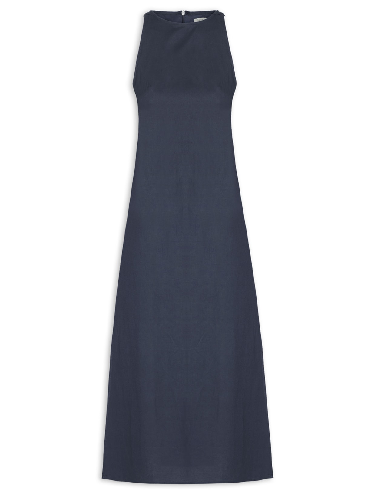 Vestido Midi Trapézio Com Linho - Azul