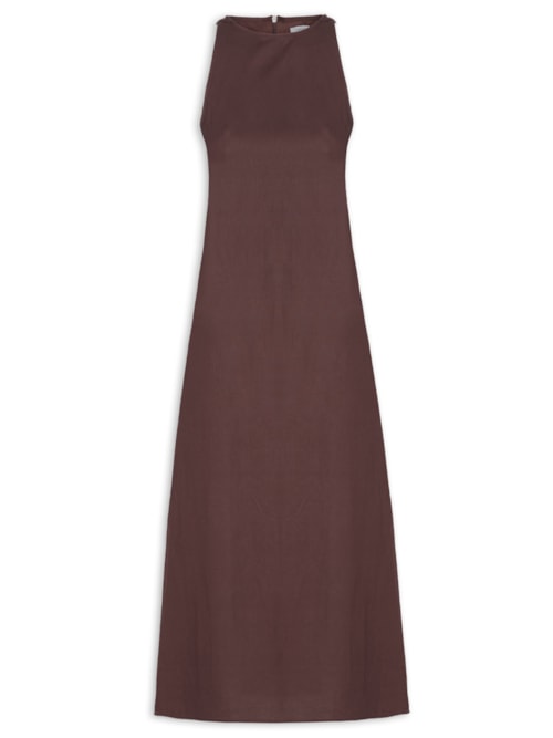 Vestido Midi Trapézio Com Linho - Marrom