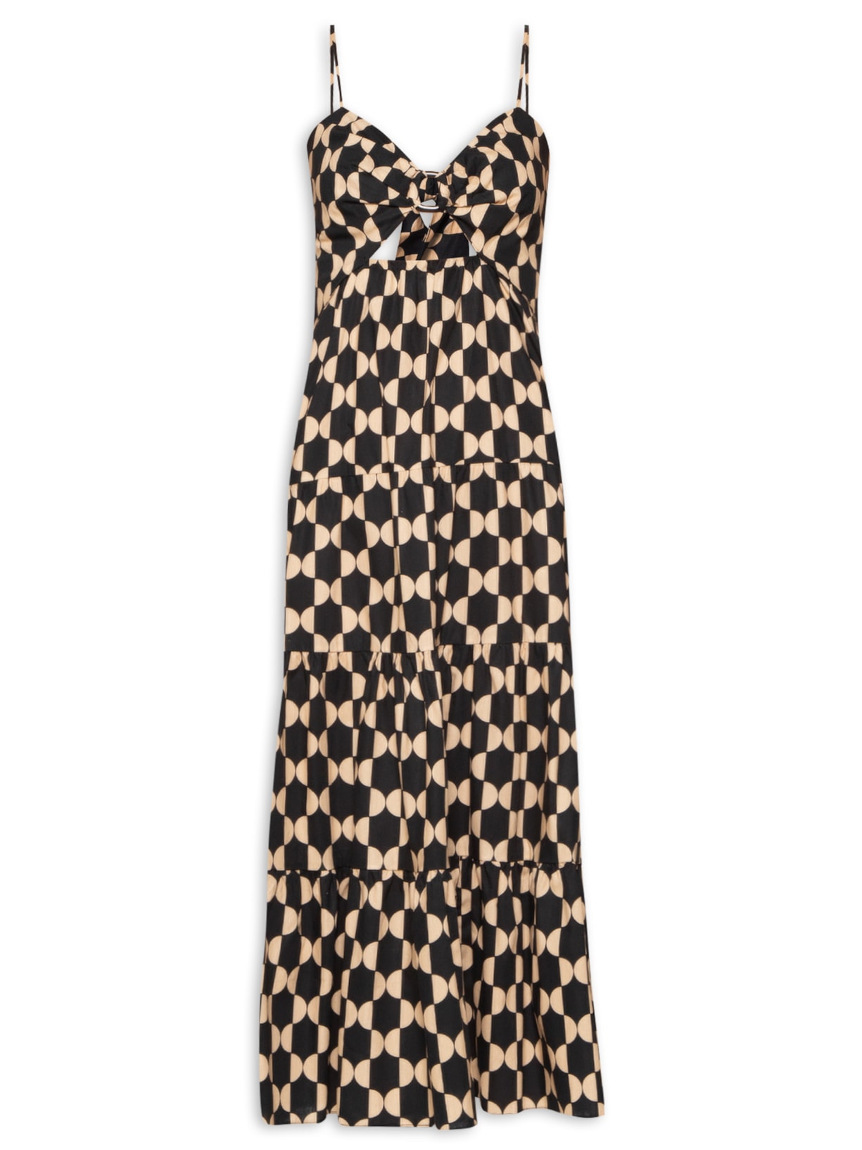 Vestido Midi Tricoline Estampa Geo - Preto