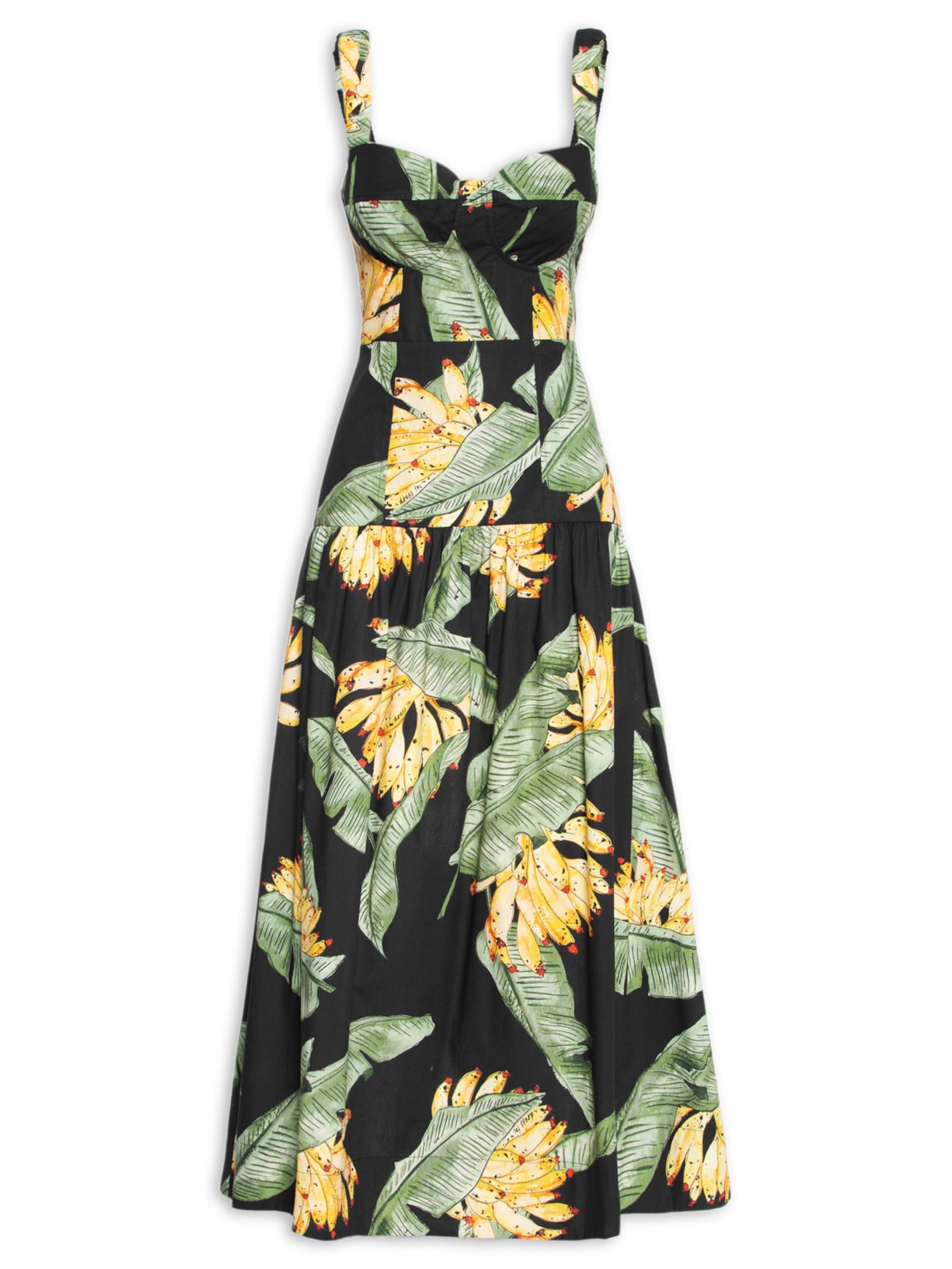 Vestido Midi Tricoline Estampa Paraíso - Preto