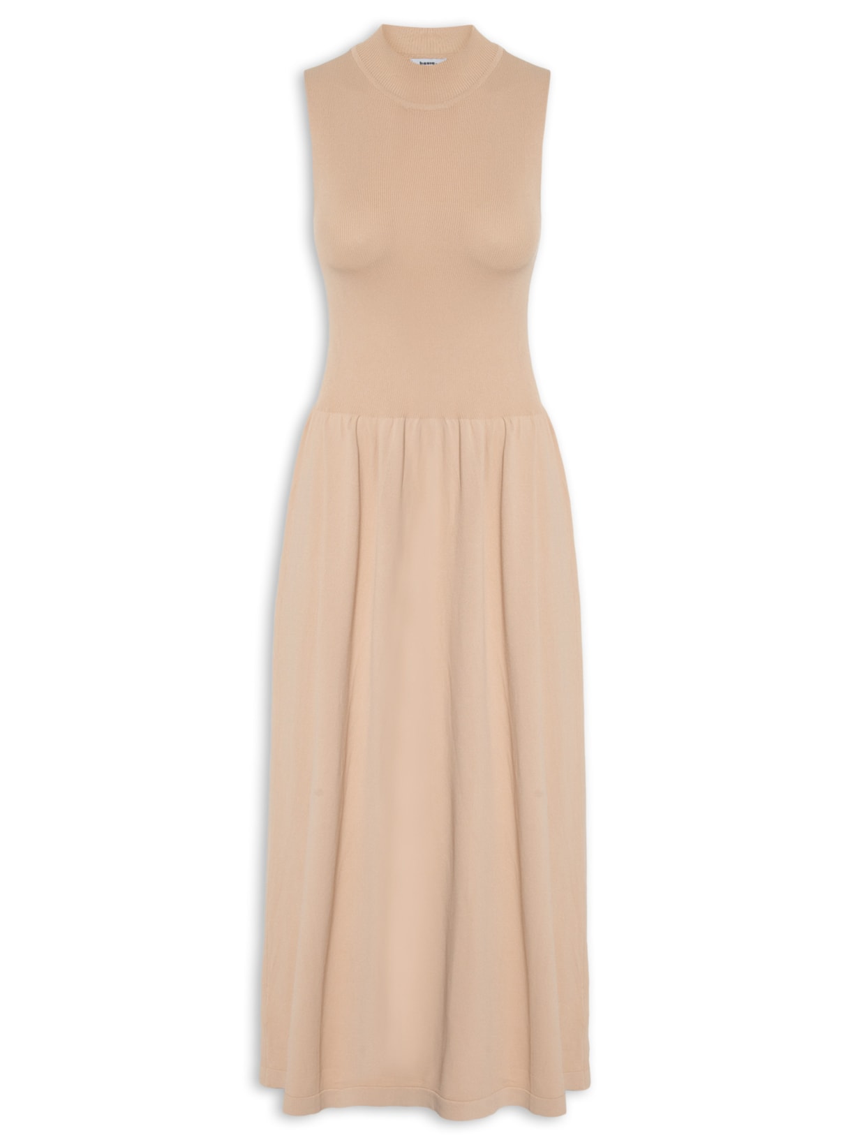 Vestido Midi Tricot Cintura Deslocada - Bege