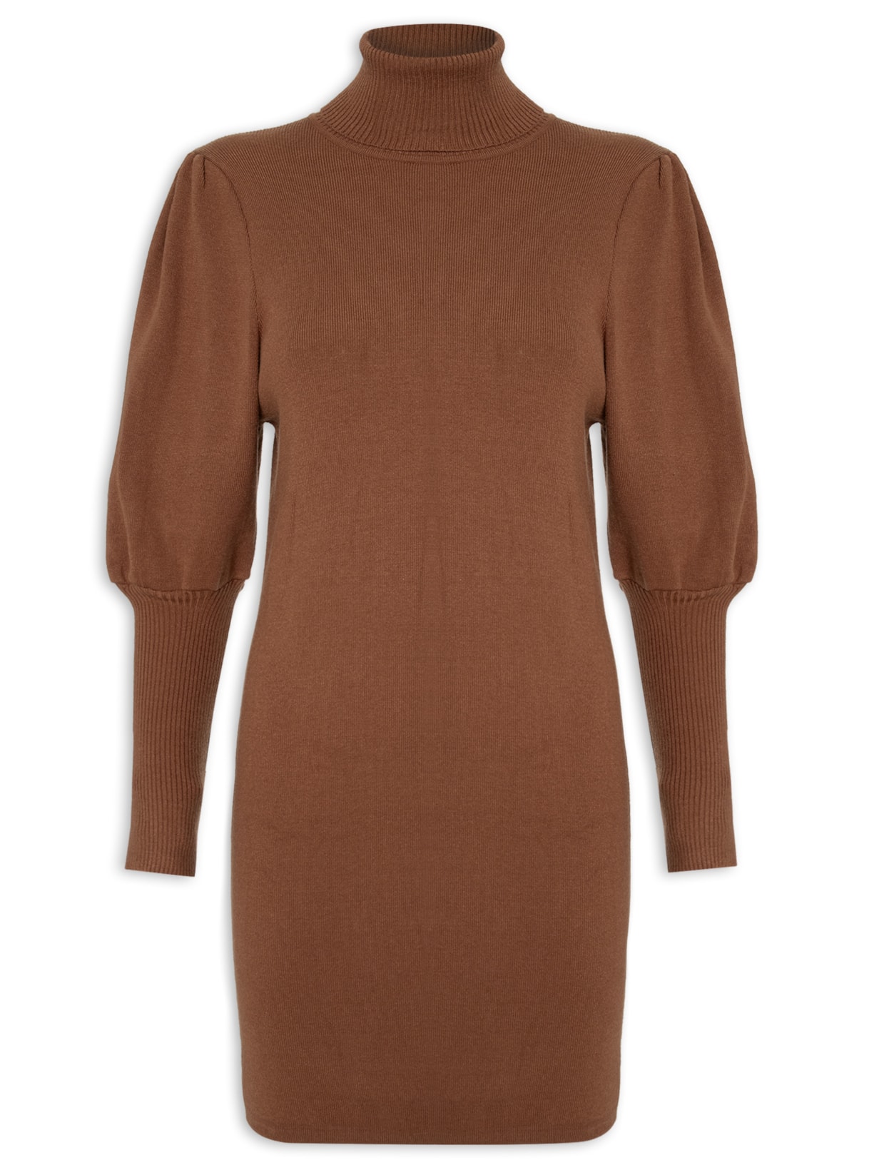 Vestido Midi Tricot Com Gola Alta - Marrom