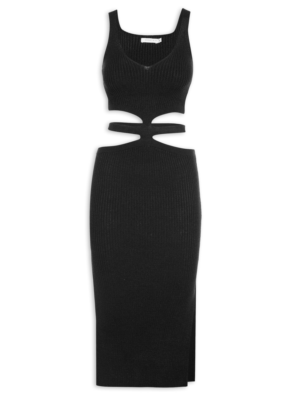 Vestido Midi Tricot Com Recortes Laterais - Preto