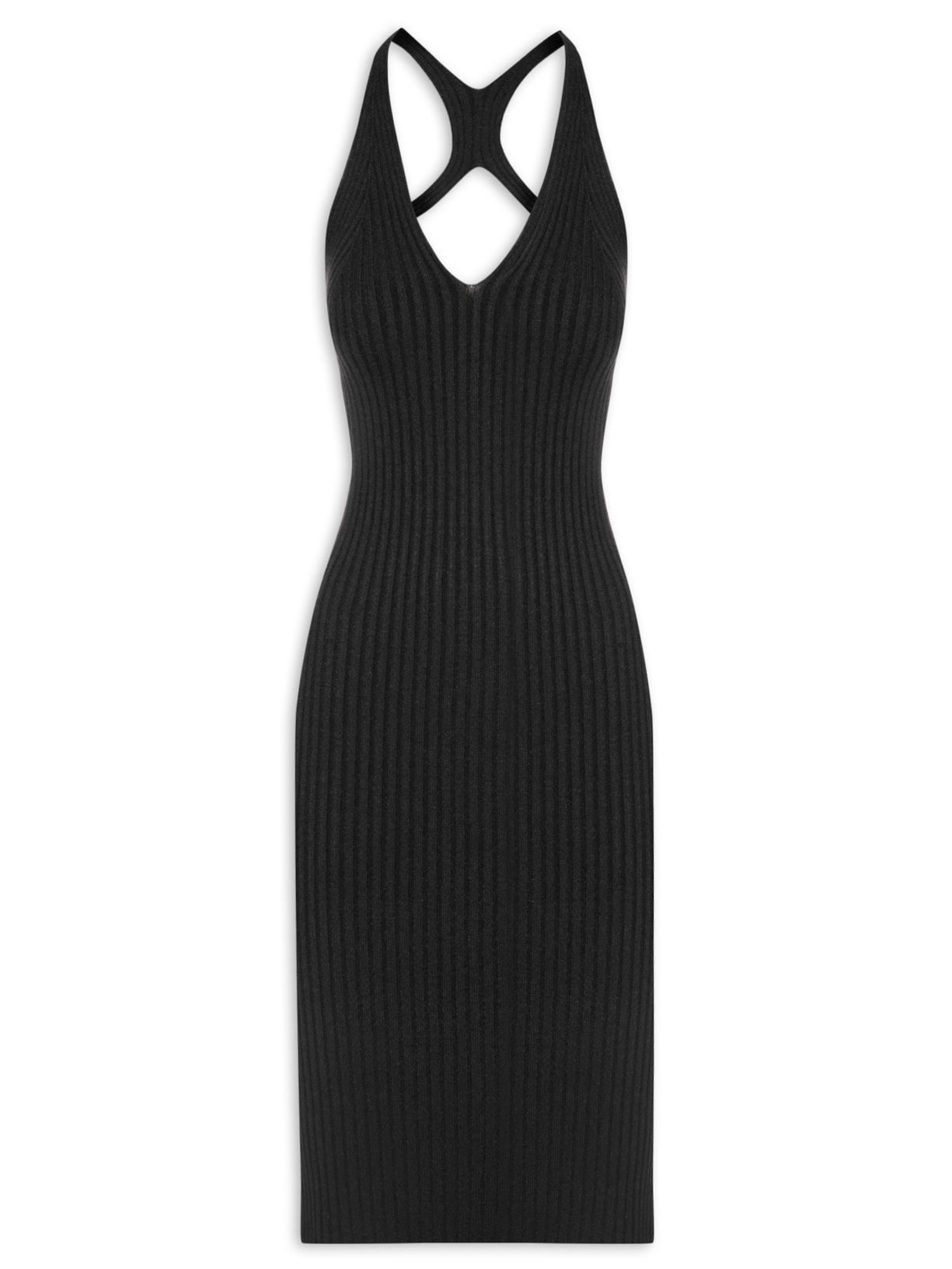 Vestido Midi Tricot Decote Costas - Preto
