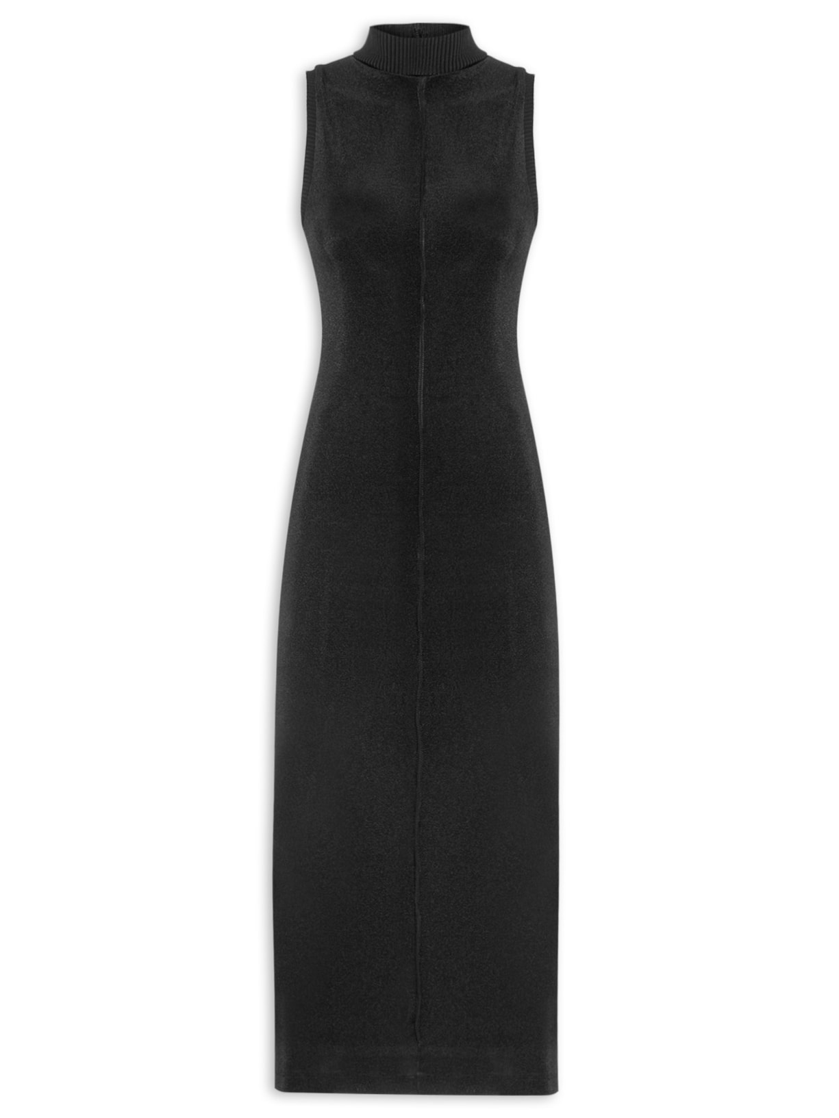 Vestido Midi Tricot Malha Gola Alta - Preto
