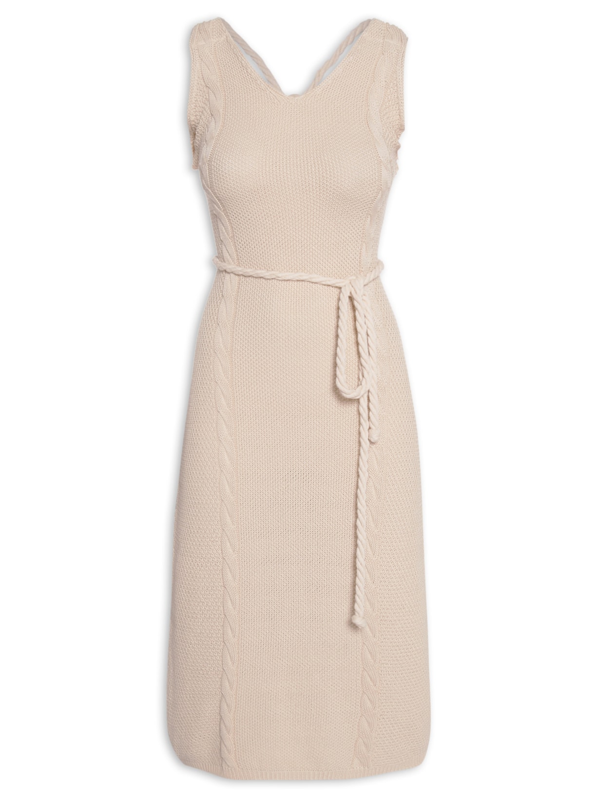 Vestido Midi Tricot Telado Com Textura - Bege