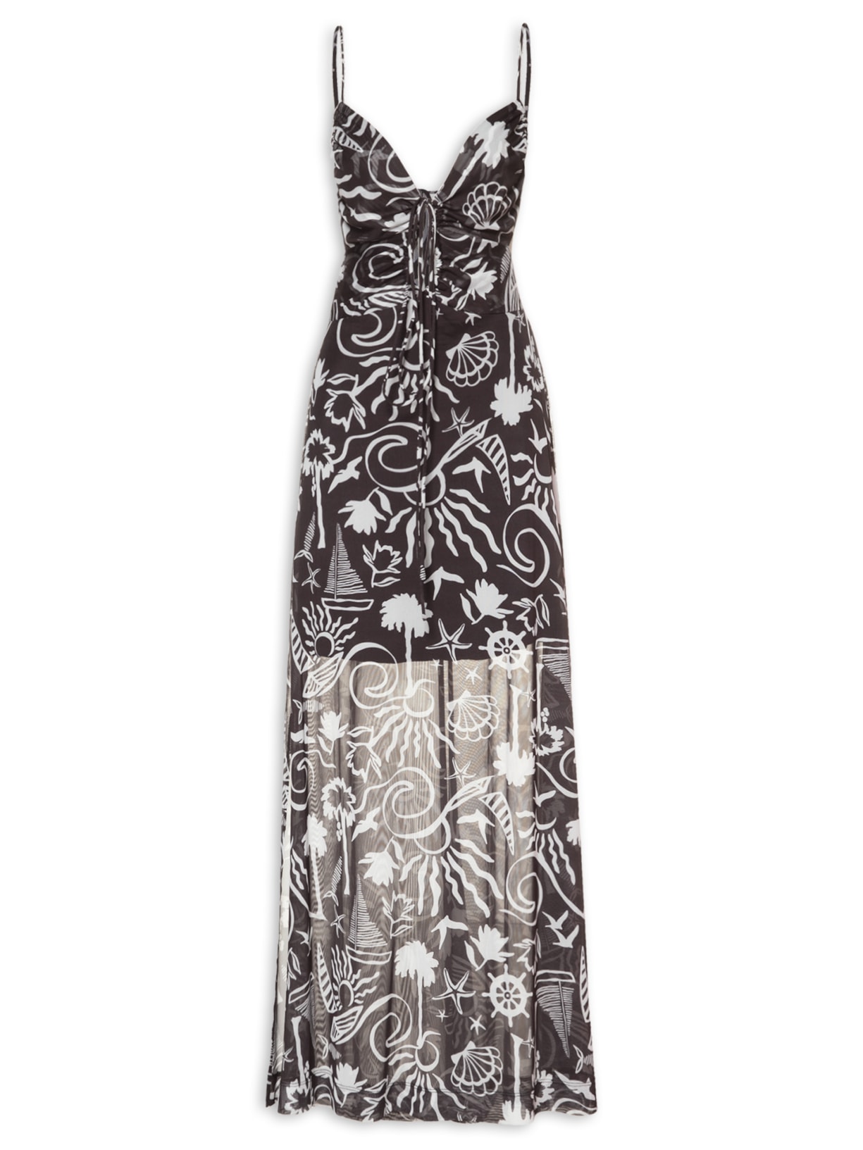 Vestido Midi Tule Estampa Jangada - Preto