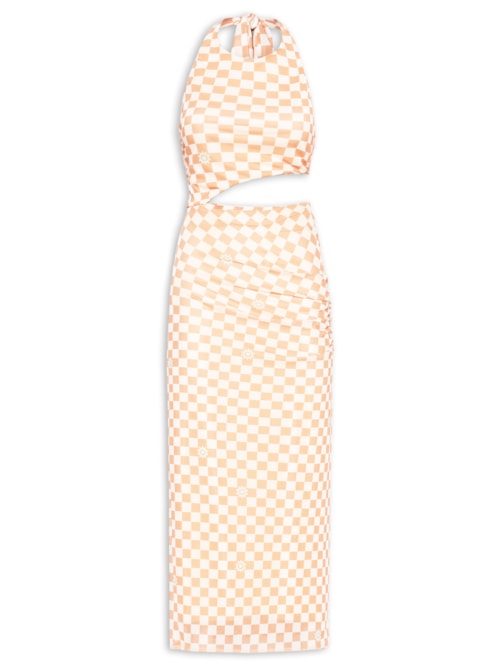 Vestido Midi Tule Estampa Mosaico - Bege