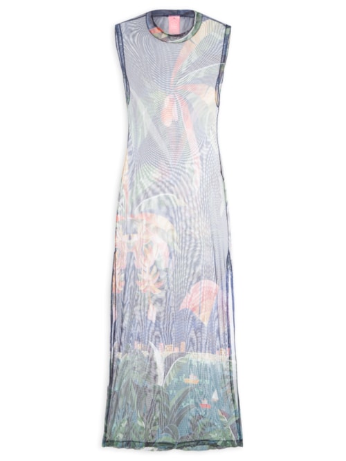 Vestido Midi Tule Rio De Mosaico - Azul