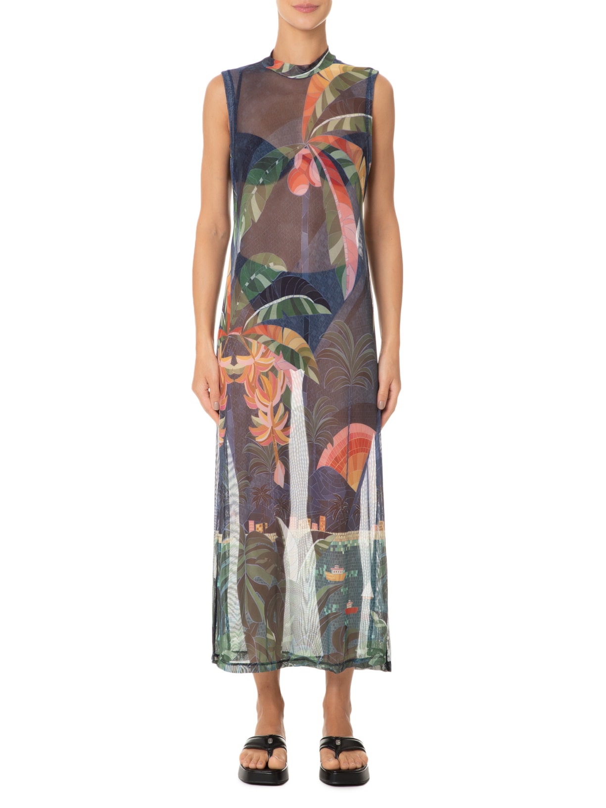 Vestido Midi Tule Rio De Mosaico Azul Farm Praia