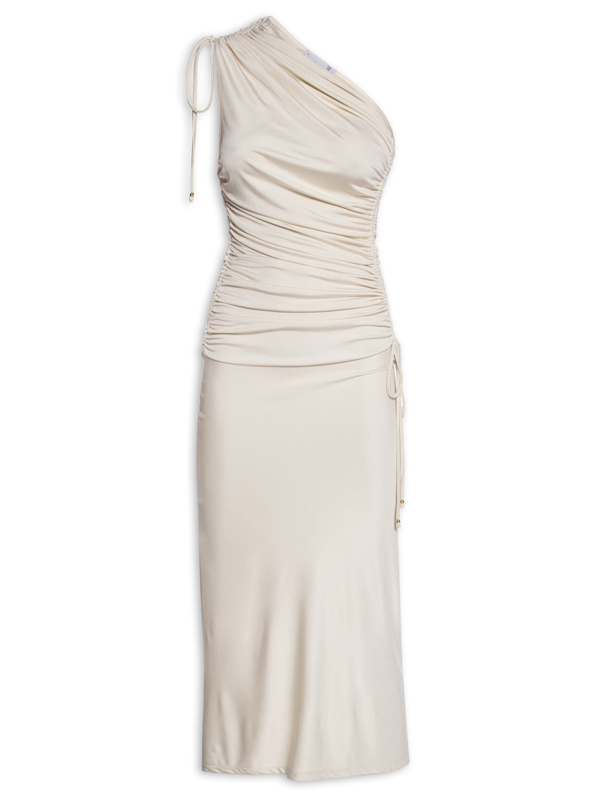 Vestido Midi Um Ombro Só Com Franzidos - Bege