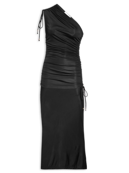 Vestido Midi Um Ombro Só Com Franzidos - Preto