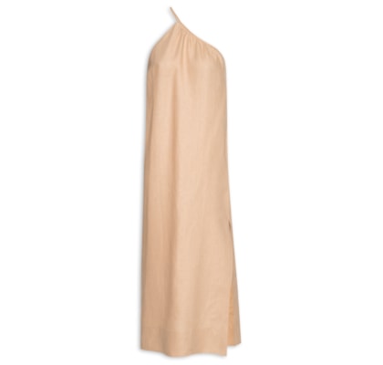 Vestido Midi Um Ombro Só Linho Natural - Bege